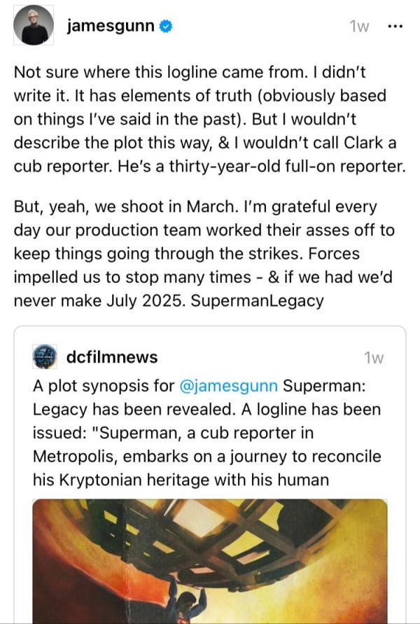 On Threads, James Gunn debunks the leaked Superman: Legacy synopsis