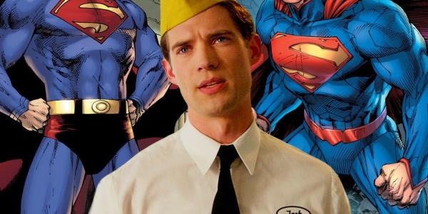 Custom image of David Corenswet in Netflix's Hollywood with two images of Superman comic book suits, one with trunks and one without, at each side