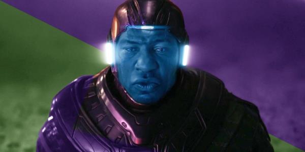 kang the Co<em></em>nqueror (Jo<em></em>nathan Majors) wearing his helmet in Ant-Man and the Wasp Quantumania with a purple and green stylized background